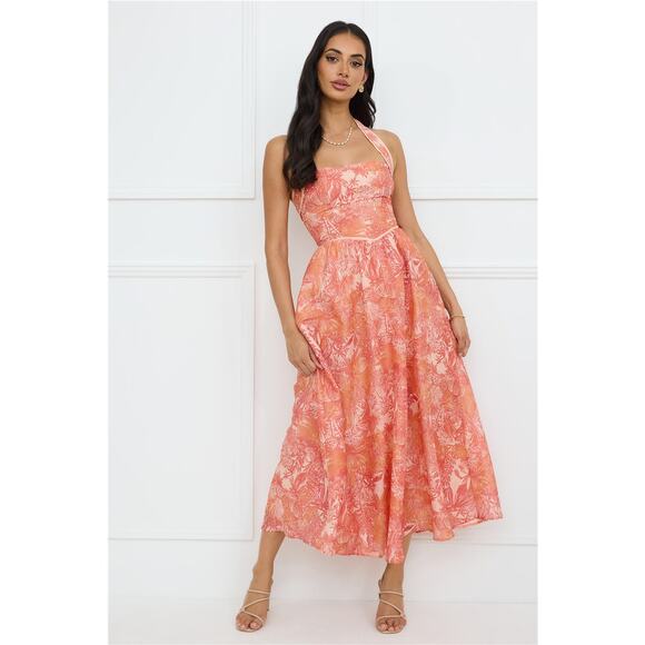 Mika & Gala Tropical Orange Halter Maxi Dress Women's US Size XL  NEW - Picture 1 of 15